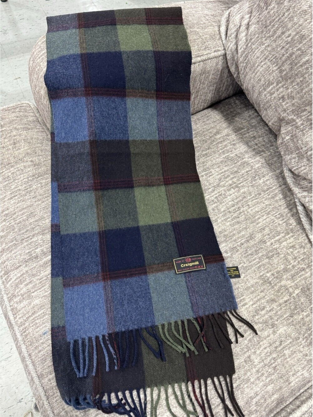 Craigmill Cashmere Wool Plaid Green Scarf Made In Scotland